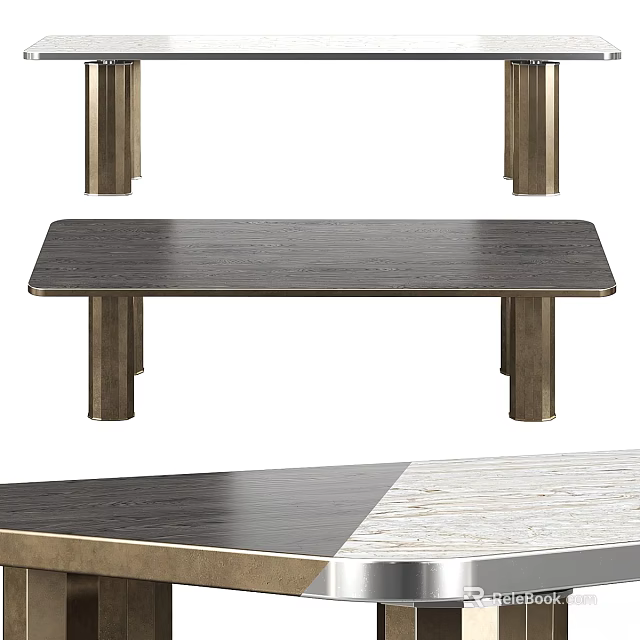Modern Dining Table With Sleek Wooden Tabletop And Metallic Legs Design 3d model 
