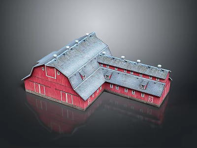 Red Traditional Barn Building With Gray Roof Small Windows And Rural Architecture Style 3d model