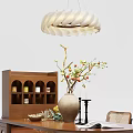 Wooden Dining Table Set with Chairs Wine Cabinet Pendant Light and Vase