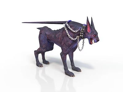 Mythical Dog Like Creature With Chain Collar Horns And Glowing Purple Accents 3d model
