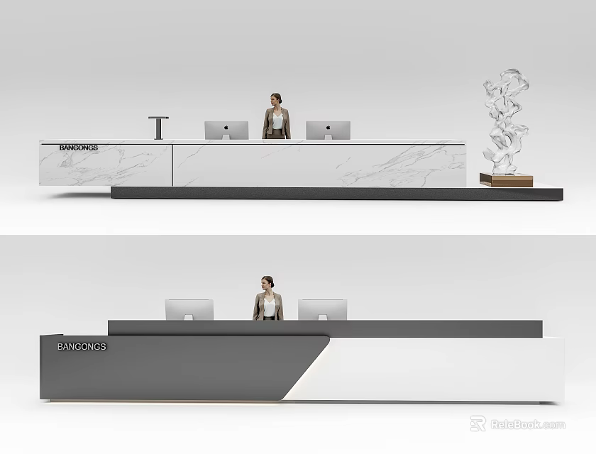 Sleek Modern Reception Desk Interior Design With Marble Countertop Receptionist And Computers 3d model 