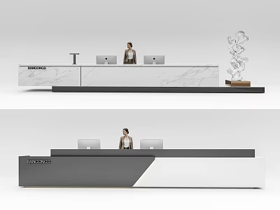 Sleek Modern Reception Desk Interior Design With Marble Countertop Receptionist And Computers 3d model