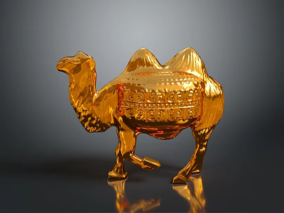 Shiny Golden Standing Camel Figurine With Intricate Carved Patterns On Reflective Base 3d model