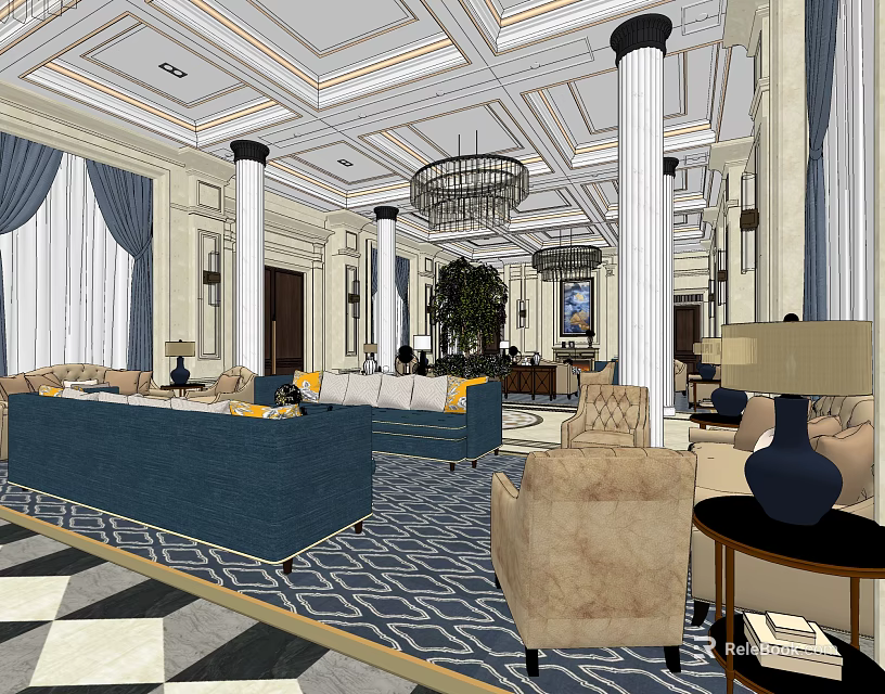 Luxurious Hotel Public Lounge With Elegant Sofas Chandelier Columns And Patterned Carpet 3d model 