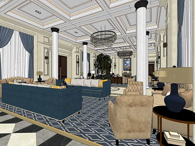 Luxurious Hotel Public Lounge With Elegant Sofas Chandelier Columns And Patterned Carpet 3d model