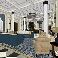 Luxurious Hotel Public Lounge With Elegant Sofas Chandelier Columns And Patterned Carpet 3d model