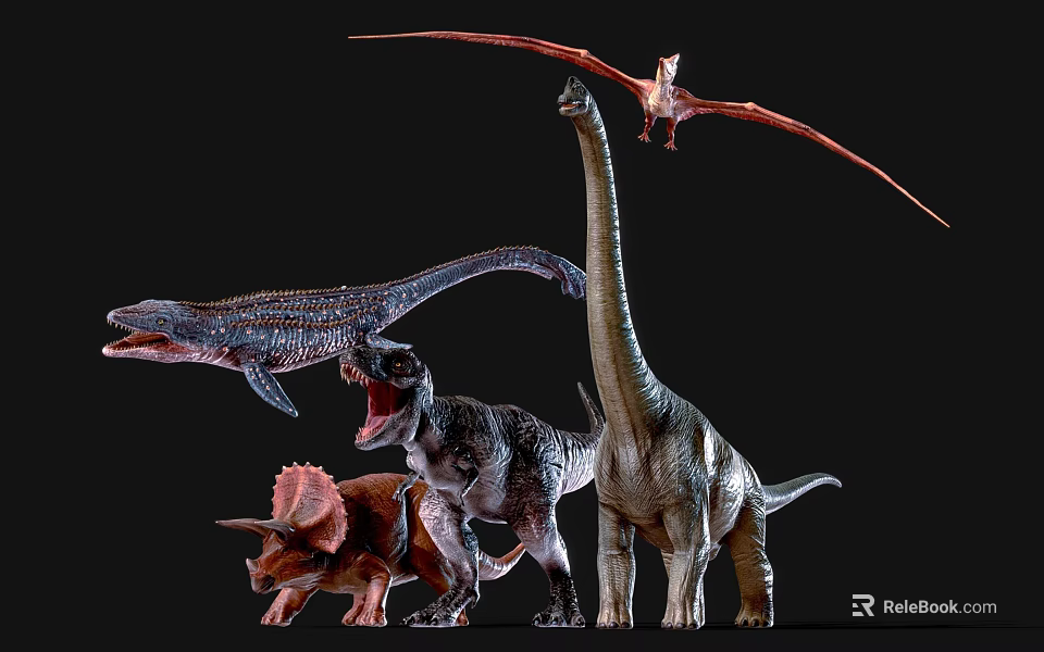 Various Prehistoric Dinosaur Species Including T Rex Triceratops Brachiosaurus And Pterosaur 3d model 