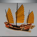 Traditional Chinese Sailing Boat With Yellow Sails Red Black Hull And Wooden Structure
