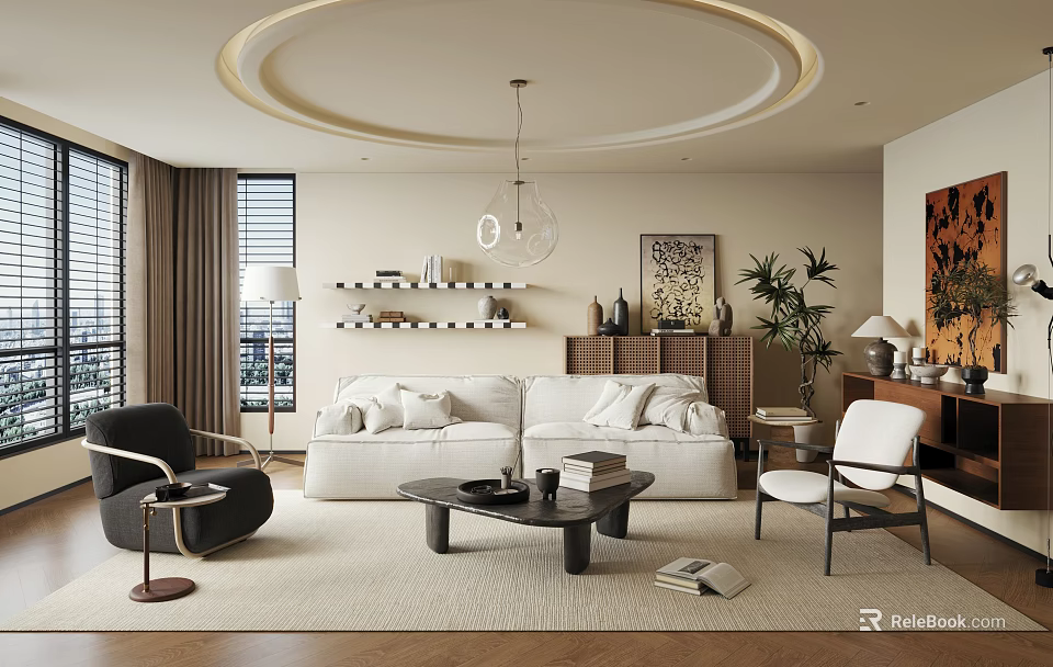 Modern Living Room Interior Design With White Sofa Black Coffee Table And Circular Ceiling Light 3d model 