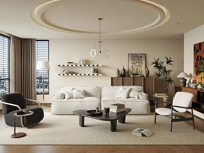 Modern Living Room Interior Design With White Sofa Black Coffee Table And Circular Ceiling Light 3d model