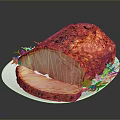 Tender Roasted Pig Meat Sliced On White Plate With Fresh Herbs