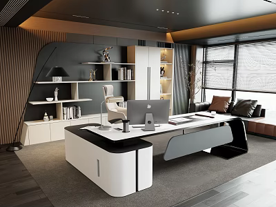 Modern Office Interior with Spacious Desk Mac Computer Bookshelf Books Decorations Sofa And Blinds 3d model
