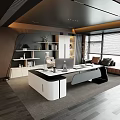 Modern Office Interior with Spacious Desk Mac Computer Bookshelf Books Decorations Sofa And Blinds