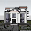 Two Story New Chinese Style Detached Villa With Large Windows And Symmetrical Design