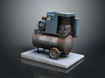 Old Rusty Air Compressor With Metal Tank Wheels And Concrete Base 3d model