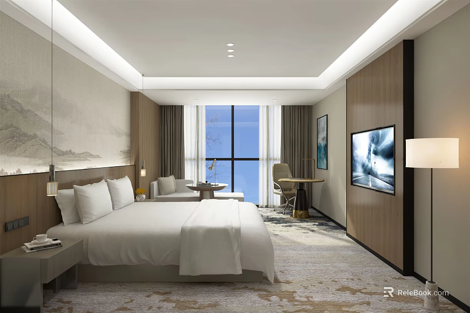 Modern Hotel Room With Large Bed Armchair Flat Screen TV And Scenic Window View 3d model 