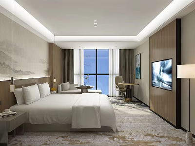 Modern Hotel Room With Large Bed Armchair Flat Screen TV And Scenic Window View 3d model