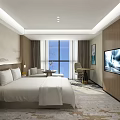Modern Hotel Room With Large Bed Armchair Flat Screen TV And Scenic Window View