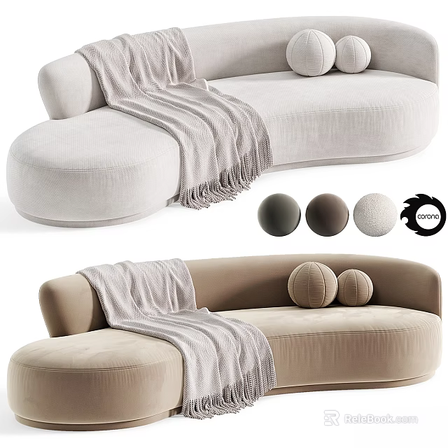 Elegant Two Seater Sofa With Knit Blanket And Round Pillows In Beige Light Brown 3d model 