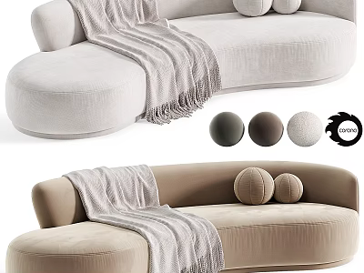 Elegant Two Seater Sofa With Knit Blanket And Round Pillows In Beige Light Brown 3d model