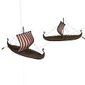 Two Model Wooden Boats With Red And White Striped Sails