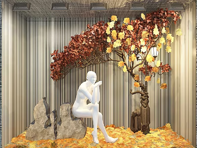 Window Display Featuring White Sculpture Stone Decorative Tree Red Yellow Leaves Fallen Leaves Striped Wall 3d model