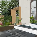 Garden Courtyard Design With Outdoor Sofa Cushions Wooden Fence Bar Counter And Swimming Pool Edge
