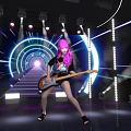 Pink Haired Performer Playing Electric Guitar On Stage With Neon Lights And Smoke Effects