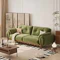 Green Velvet Double Sofa With Pillows Blanket Wooden Legs In Living Room With Decorative Screen