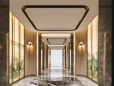 Elegant Modern Elevator Lobby With Marble Floor Decorative Glass Partitions Square Lights And Wall Lamps 3d model