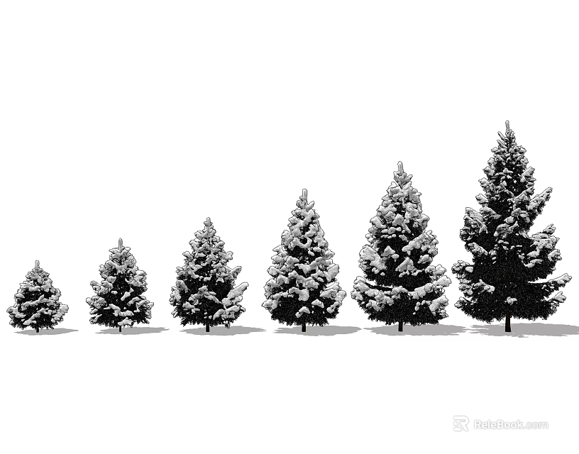 Snow Covered Pine Trees In Various Sizes Arranged In A Line 3d model 