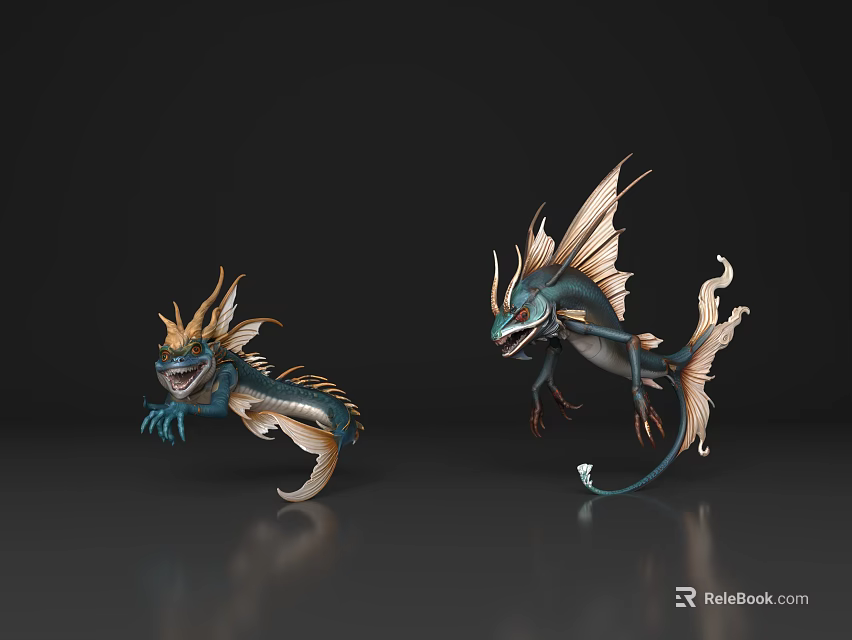 Mythical Aquatic Creatures With Golden Blue Fins In Dynamic Pose On Dark Shiny Surface 3d model 