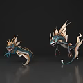 Mythical Aquatic Creatures With Golden Blue Fins In Dynamic Pose On Dark Shiny Surface