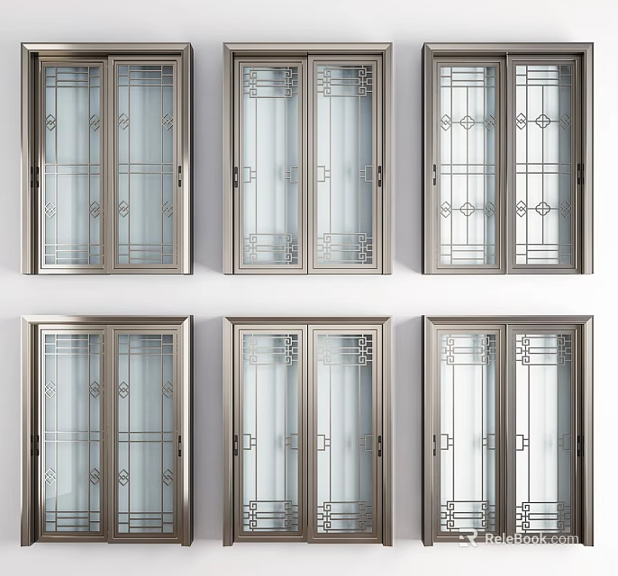 Elegant Sliding Doors with Intricate Metal Frames and Glass Panel Designs 3d model