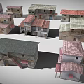 Various Small Building Models With Red Gray Tiles White Red Brown Exteriors Single Multi Story