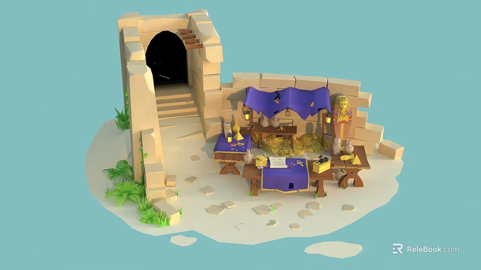 Ancient Ruin Camp With Stone Walls Cave Entrance Purple Tent Gold Coins And Scrolls 3d model 