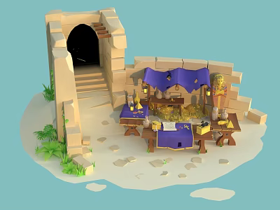 Ancient Ruin Camp With Stone Walls Cave Entrance Purple Tent Gold Coins And Scrolls 3d model