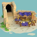 Ancient Ruin Camp With Stone Walls Cave Entrance Purple Tent Gold Coins And Scrolls
