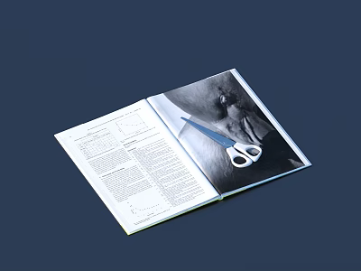 Open Book Magazine With Scissors On Pages And Black White Image Text Content 3d model