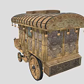 Vintage Wooden Carriage Featuring Decorative Roof Beams Spoked Wheels And Ornate Panels