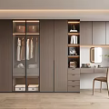 Modern Wooden Wardrobe Interior Design with Glass Doors Hanging Clothes Dressing Table Mirror and Chair