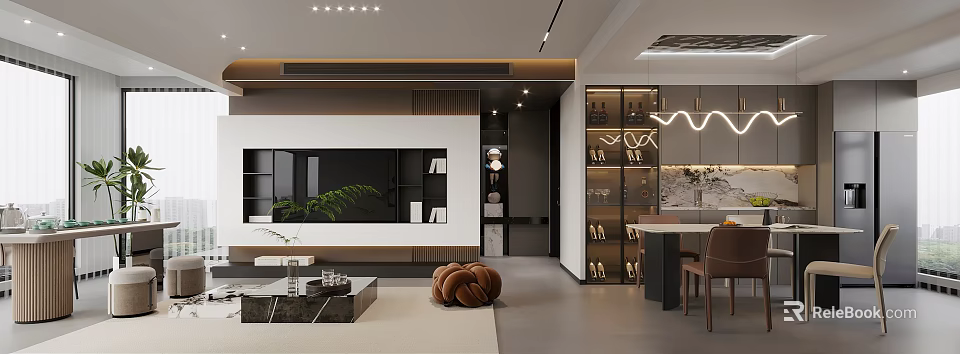 Modern Living And Dining Area Interior With TV Wall Shelves Green Plant And Dining Table 3d model 