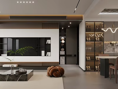 Modern Living And Dining Area Interior With TV Wall Shelves Green Plant And Dining Table 3d model