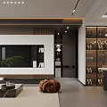 Modern Living And Dining Area Interior With TV Wall Shelves Green Plant And Dining Table