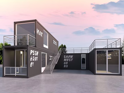 Modern Modified Shipping Container Building With Large Windows Balcony Staircase And Green Trees 3d model