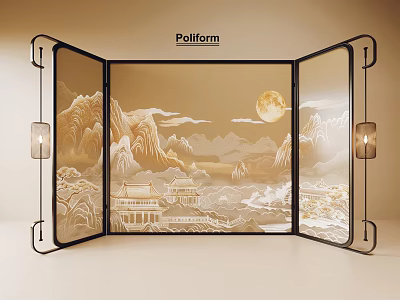 Poliform Decorative Room Divider With Traditional Landscape Mountain Moon Black Frame And Lantern Style Lights 3d model