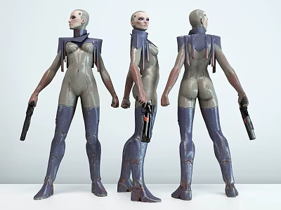 Game Movie Female Character In Tight Suit With Purple Boots Holding Weapon Three Angles 3d model