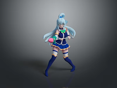 Anime Game Character With Blue Long Hair Bun Hairstyle Combat Pose Holding Pink Green Ball 3d model