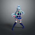 Anime Game Character With Blue Long Hair Bun Hairstyle Combat Pose Holding Pink Green Ball