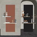 Modern Wall Cabinets with Decorative Figurines Vases and Books on Brown Black Background Walls